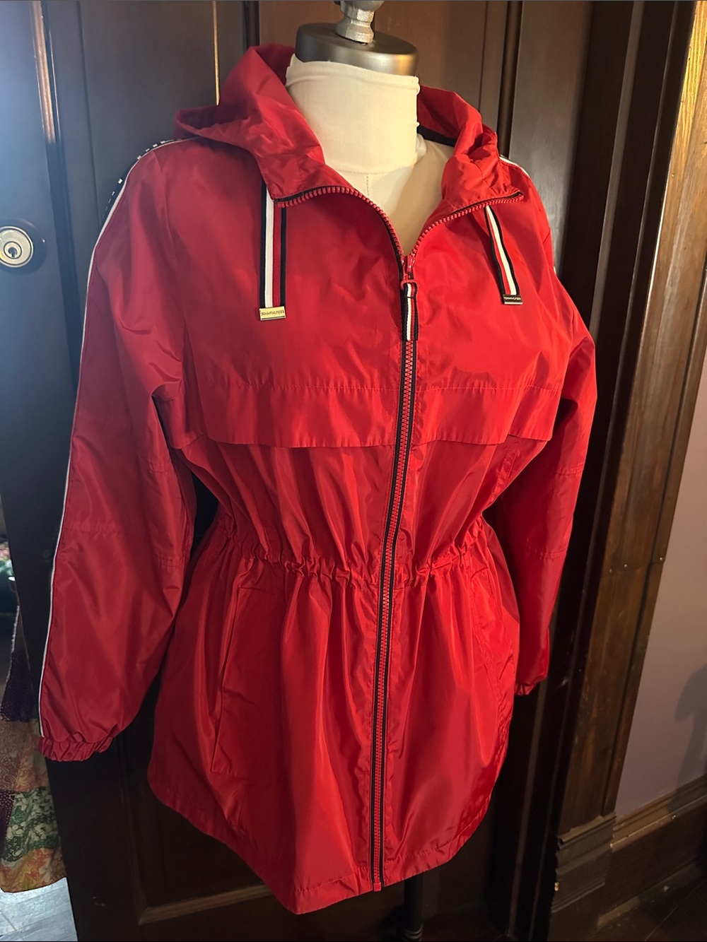 Tommy Hilfiger Red Hooded Utility Jacket with Drawcords